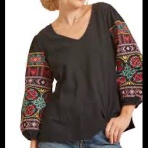 Savanna Jane Black Top with Colorful Embroidered Puff Sleeves L